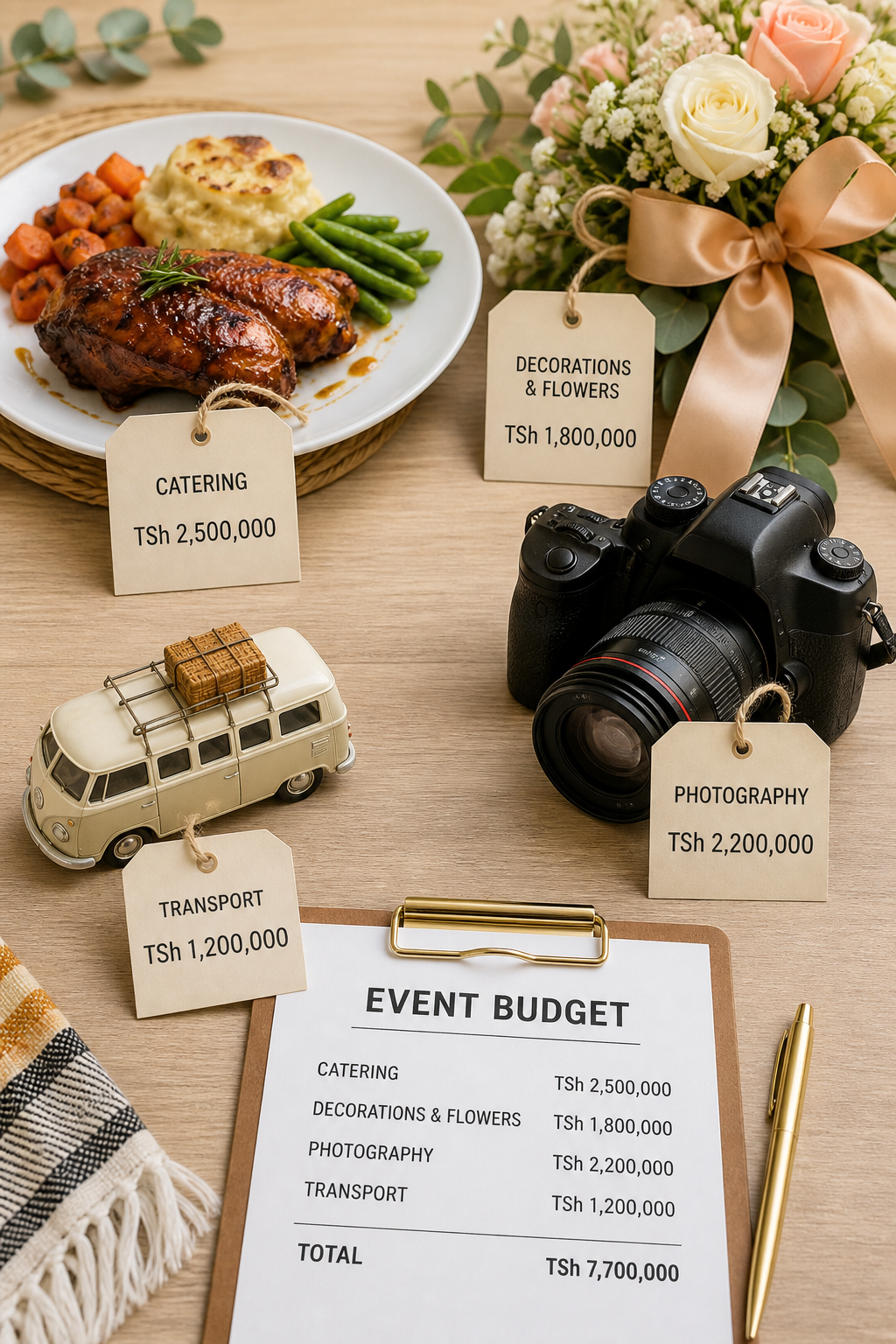 Event budget items for food, decoration, photography and transport with price tags