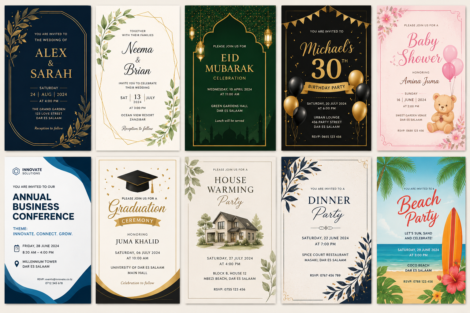 Collection of digital invitation card designs for weddings, birthdays, Eid, graduations and more