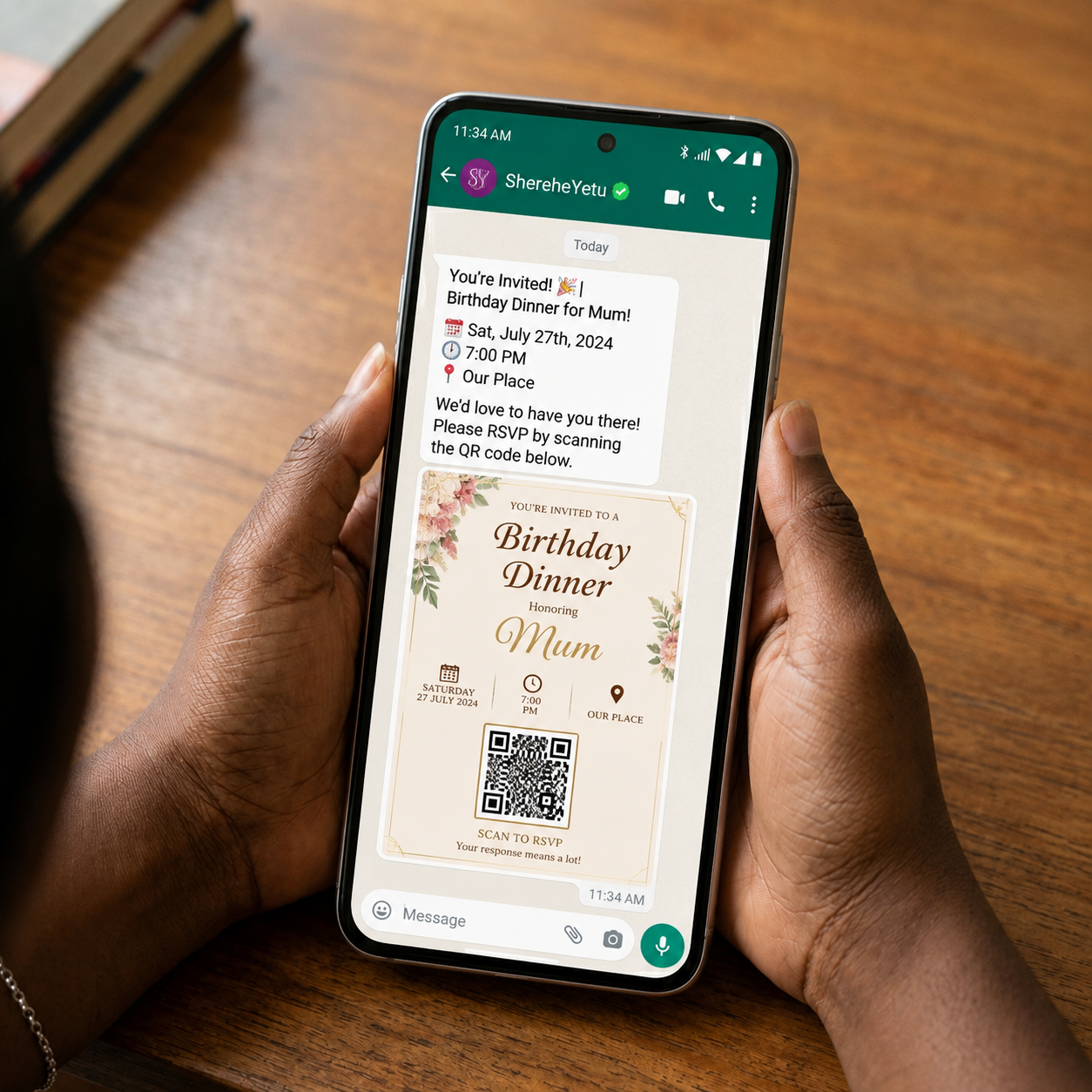 Guest reading a digital invitation and RSVP message on their phone