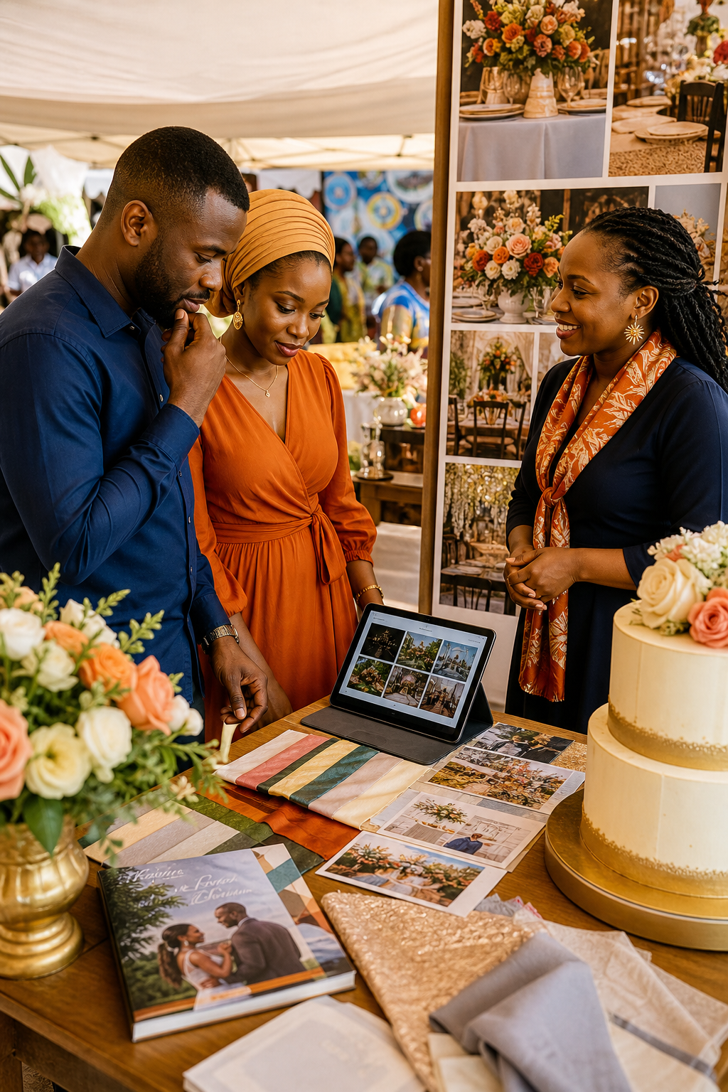Couples browsing flowers, cakes and vendors in an event marketplace