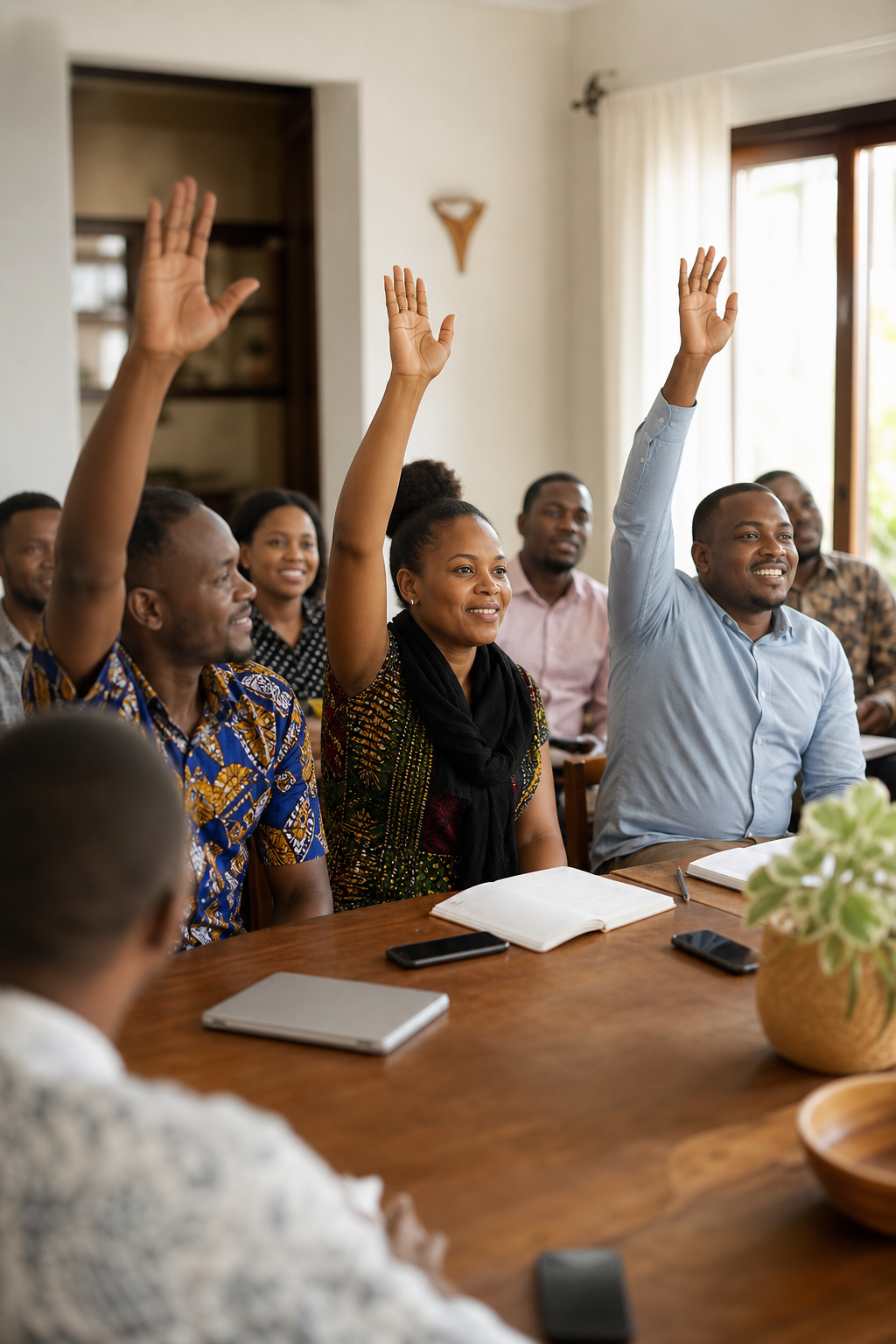 Community members in a meeting with three people raising their hands to pledge support